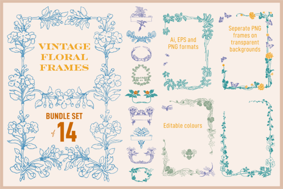 Download Vintage Floral Frames. Set of 14 - Premium Bundle